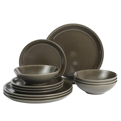 Image of Gibson Elite 12 Piece (Service for 4) Lakecrest Plates and Bowls Reactive Glaze Round Dishes Stoneware Ceramic Dinnerware Set - Dark Green
