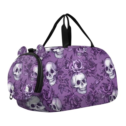 Travel Duffle Bag for Kids Boys Girls Purple Rose Skull Skeleton Sports Bag Overnighter Duffle Sleepover Weekender with Shoes Compartment