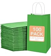 MOORAY 100 Pack Green Small Gift Bags with Handles Bulk, Gift Paper Bags, 5.25"x3.25"x8.25" Kraft...