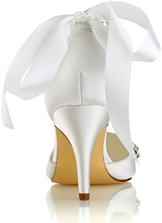 Emily Bridal 18353-4-2 Women's Wedding Shoes Pointed Toe 3.15 Inches Stiletto Heel Satin Pumps with Imitation Pearl Ribbon Tie Crystal Chain Bridal Shoes (EU40/9 B(M) US, Ivory) | Image 3