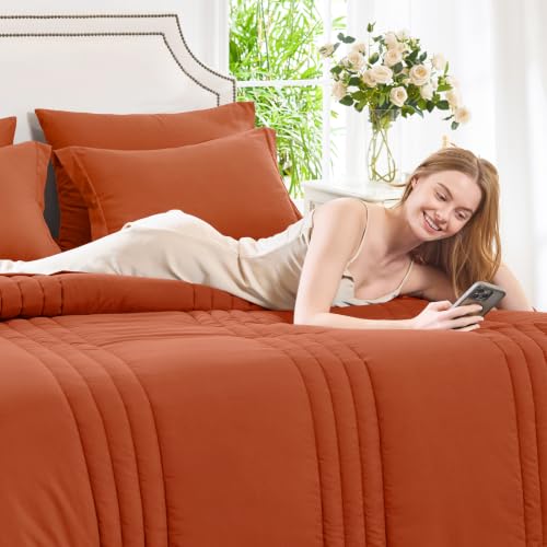 Image of CozyLux Full Size Comforter Sets Terracotta - 7 Pieces Bed in a Bag, Modern Vertical Quilted Room Decor, Soft All-Season Bedding Gift with Comforter, Sheets, Pillowcases & Shams