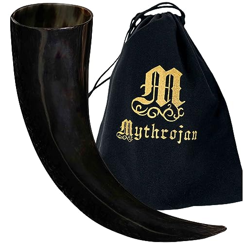 Mythrojan Viking Drinking Horn Medieval Handmade Horn Mug Auhentic Medieval Beer Drinking Horn Mug with Canvas Bag for Men Women - 600 ML