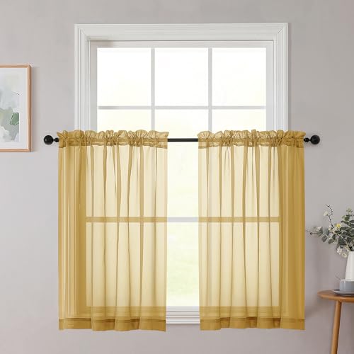 Image of Chyhomenyc Gold Sheer Curtains 36 inch Length 2 Panels Set, Light Filtering Voile Rod Pocket Short Window Curtians for Bathroom Living Room Farmhouse Small Windows, Each 42Wx36L in, 2PCS, Gold