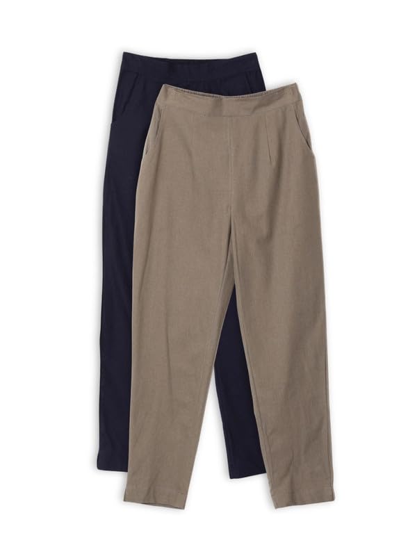 Image of SAADAA Pack of 2 Women's Cotton Pants | Regular Fit Mid-Rise Comfortable Trousers with Pockets | Casual