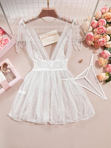 Image of Lilosy Sexy Polka Dots Mesh Sheer Lace Babydoll Chemise Lingerie Set Floral Sleep Wear