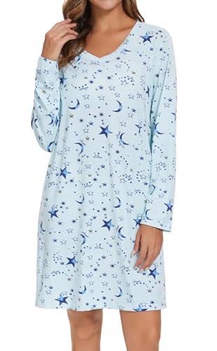 Image of Kabento 2 Pack Long Sleeve Nightgowns for Women Soft Cotton Night Gowns Sleepwear V Neck Nightshirts