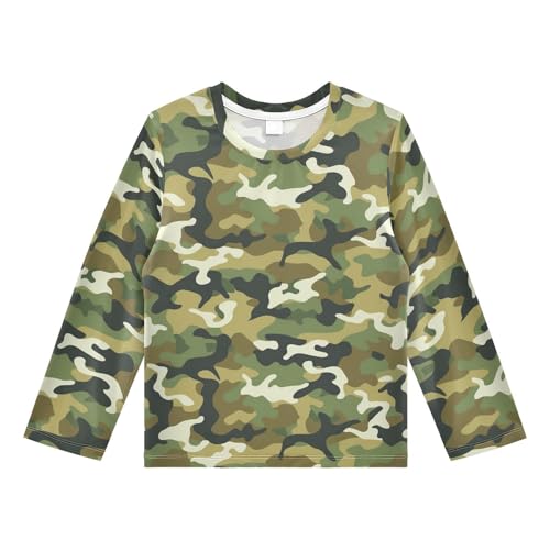 Green Camouflage Pattern Boys Rash Guard Swim Shirts Long Sleeve UPF 50+ Quick Dry Sun Protection Shirt Swimsuit Surf Tops for Toddler Kid Girl Fishing Swimming Outdoor 5-6T