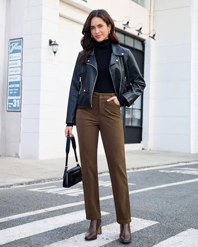 GRAPENT Corduroy Pants for Women High Wasited Straight Leg Elastic Waist Stretchy Casual Work Pants Fall Winter Trousers4