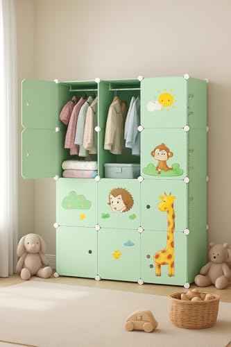 Image of LUHI Plastic Wardrobe for Kids Clothes - Durable, Easy to Use Anti-Skid & Non-Slip Effective Professional Collapsible Wardrobe, Plastic Cupboard for Kids, Foldable Almirah (L4 Green, 12 Door)