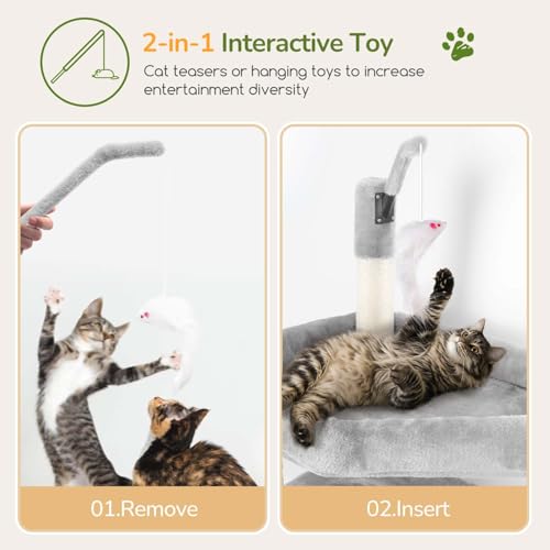 Image of Globlazer F74B Cat Tree for Indoor Cats Large Adult, Multi-Cat, Light Grey | Easy Setup, 74in Tall Tower, Oversized Top Perch, 2 Large Condos, Hanging Basket, 5 Sisal Scratching Posts, Anti-Topple Strap