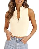 Imily Bela Womens Summer Zipper Knit Crop Tops Going Out Sweater Tank Fashion Sexy Y2k Sleeveless Shirts Beige