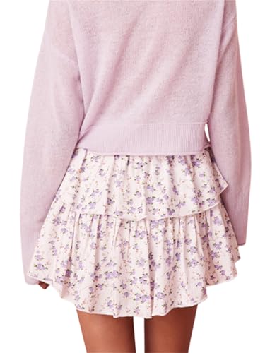 Women's Floral Print Tiered Ruffled Mini Skirt Elastic Waist Pleated Short Skirt Curved Hemline Flowy A Line Skirt