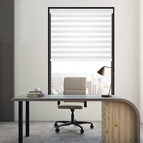 Biltek Cordless Zebra Window Blinds With Modern Design - Roller Shades W/Dual Layers - Solid & Sheer Shades For Transparency/Privacy - Great For Home, Office, Kitchen, Bathroom - White, 57" W X 72" H #TOP7