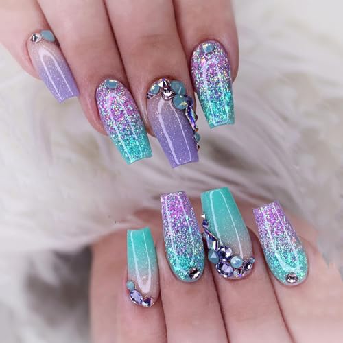 24 Piezas Uñas Postizas Ataud Medianas Francesas Uñas Falsas Púrpura Azul Gradient Acrilicas Press on Nails Cobertura Completa Artificiales Uñas Brillantes para Mujeres Niñas Decoración Arte de Uñas