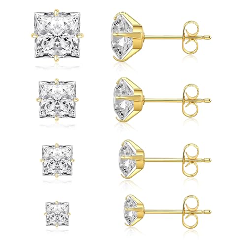 Trinckle 4 Pairs Stainless Steel Gold Stud Earrings for Women, Square Gold Earrings for Men 14K Golden Plated Mens Earings, Hypoallergenic Cubic Zirconia Studs Jewelry Gifts for women Aretes De Oro Para Hombre