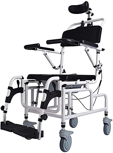 Silla de ducha con reclinable inclinable en el espacio, asiento acolchado, respaldo y brazos, reposapiés abatibles, cubo de inodoro y reposacabezas ajustable
