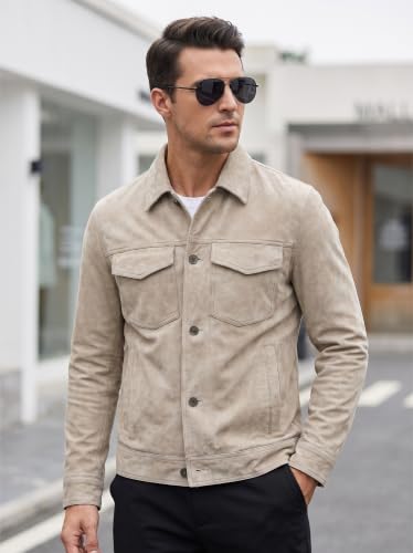 Image of Men's Suede Leather Jacket Real Lambskin Suede Casual Leather Jackets For Men Suede Trucker Coat for Mens
