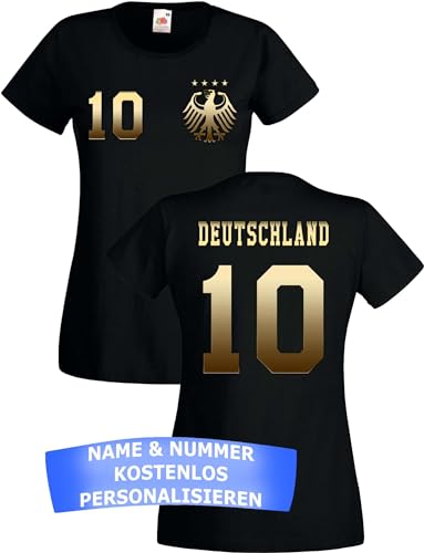 Damen T-Shirt Deutschland Trikot EM 2024 mit eigenem Namen + Nummer - Gold-Schwarz S Damen T-Shirt Deutschland Trikot EM 2024 mit eigenem Namen + Nummer - Gold-Schwarz S
