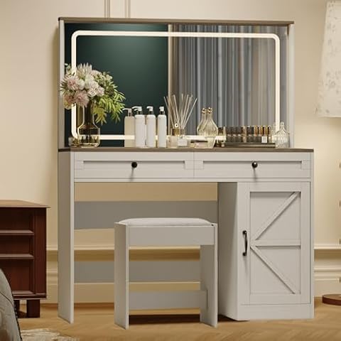 43.3" Vanity Desk with Drawers & Mirror with Lights,Lighting Modes Adjustable Brightness for Bedroom Studio, Dressing table with Drawers & Cabinet 3 Shelves Lots Storage for Stylish Bedroom (WHITE) Cover