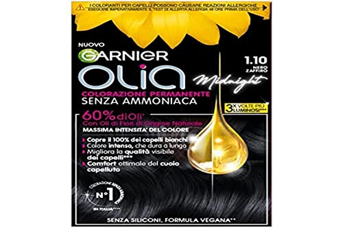 Garnier Olia Midnight - Tinte permanente sin amoniaco, aroma delicado, cubre 100% cabello blanco, con aceites florales naturales de origen natural, fórmula vegana, color negro zafiro