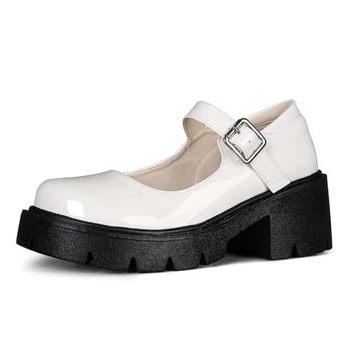 Image of AOSPHIRAYLIAN Mary Janes Platform Mary Janes for Women Round Toe Dress Shoes for Women Ankle Strap Chunky Heel Uniform Women's Pumps
