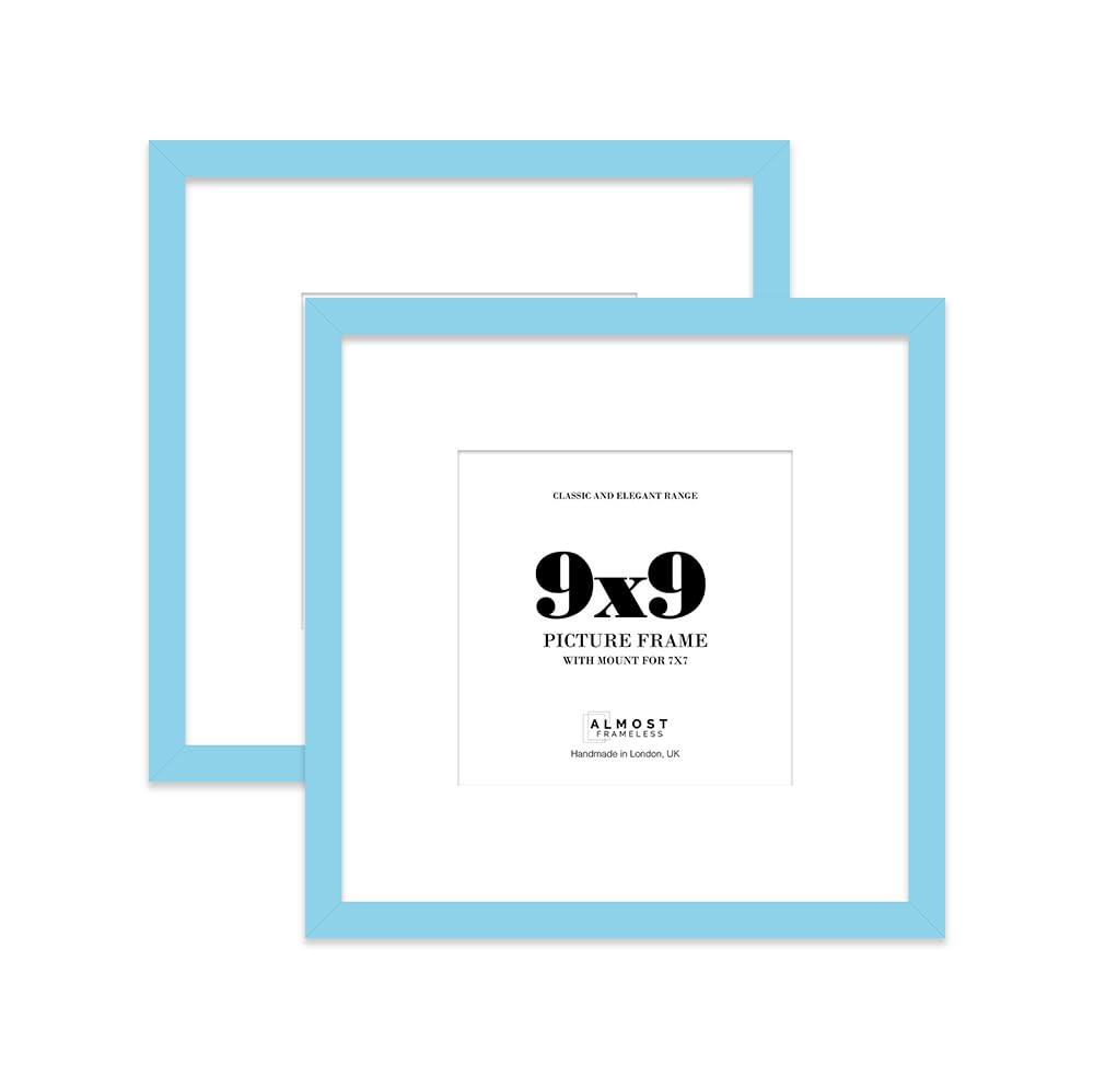 9x9 Light Blue Picture Frame with Mount for 7x7 Photos, Prints - Modern Square Wall Frame, Set of 2