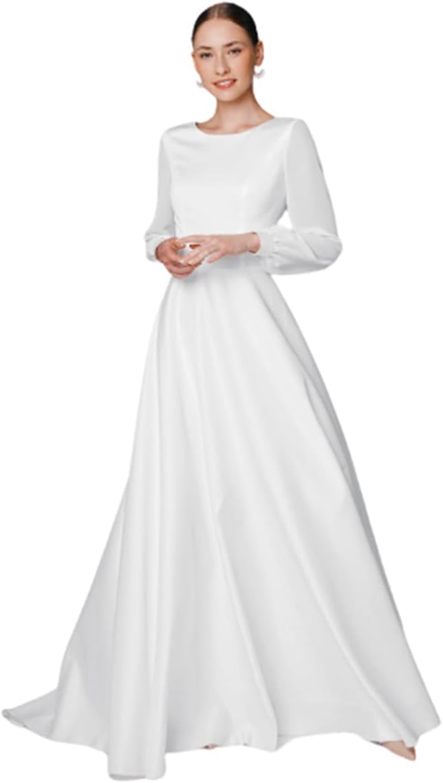 Simple Wedding Dress Chiffon Long Sleeve Sweap Train A-Line Satin Bridal Gown