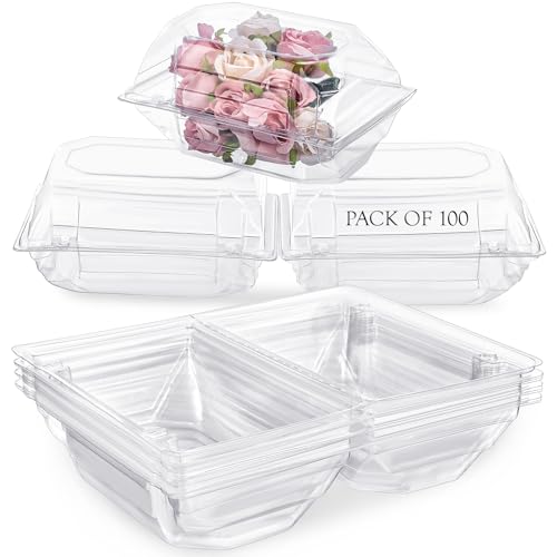 Funnymoom 100 Pack Clear Plastic Flower Corsage Boxes Plastic Boutonniere Storage Box Clear Food Clamshell Containers for Dessert Snacks Cakes Wedding Gift Craft(9 x 5 x 4 Inch)