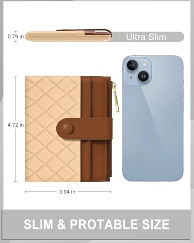 Womens Wallet, RFID Small Slim Wallets for Women, Compact Credit Card Holder, Cute Leather Bifold Ladies Purse with Zipper Coin Pocket and ID Window, Apricot Brown2