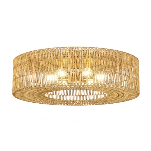 ROOMTEC 30" Rattan Flush Mount Ceiling Light, 6-Light Ceiling Fixture