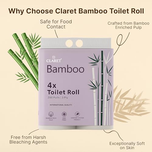 Image of Claret Bamboo 3-Ply Toilet Roll (10 x 10 cm) | 200 Pulls Eco-Friendly | 4 Toilet Rolls in 1 Pack | OBA Free | Natural Bamboo Pulp (Pack Of 3 (12 Rolls))