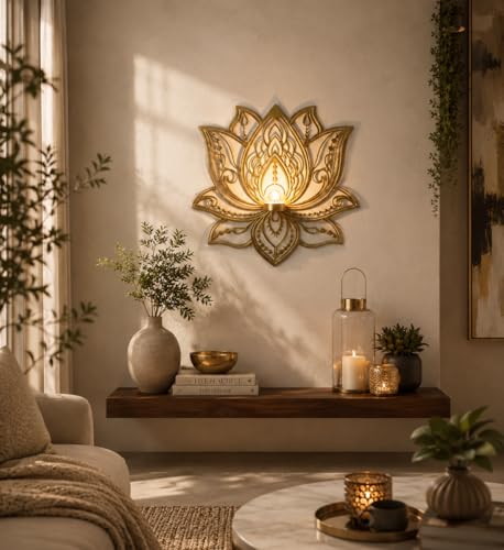Image of Wall Hanging Lotus Candle Stand - Elegant Metal Lotus Design for Tealight & Votive Candles | Stunning Home Decor Accent for Living Rooms, Bedrooms, and Meditation Spaces