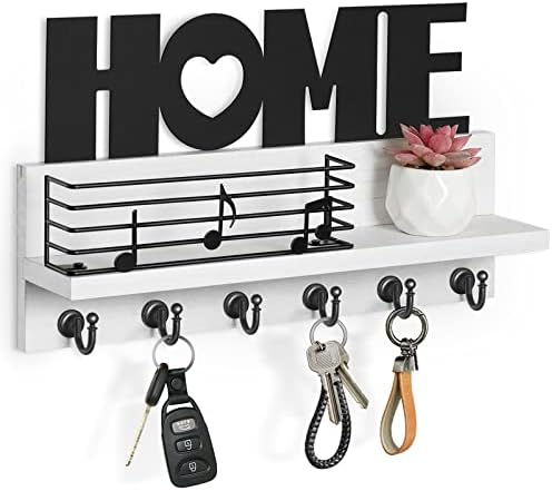 Dinosam Key Holder for Wall: Mail Organizer Wall Mount and Key Shelf with 6 Sturdy Hooks and Black Metal Decorative Piece for Entryway Farmhouse Decor, White