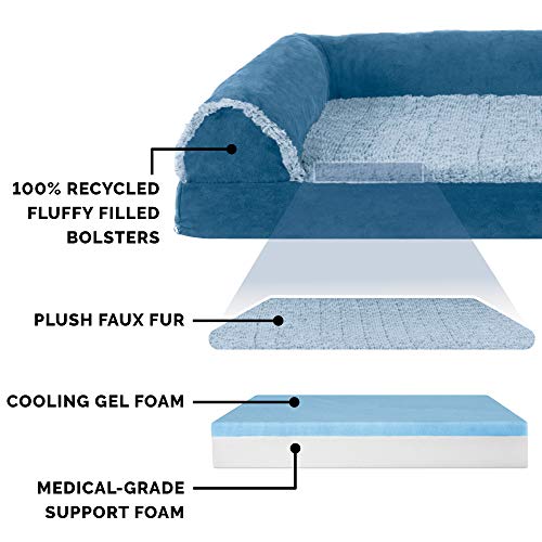 Image of Furhaven Cooling Gel Dog Bed for Large Dogs w / Removable Bolsters & Washable Cover, For Dogs Up to 125 lbs - Two-Tone Plush Faux Fur & Suede L Shaped Chaise - Marine Blue, Jumbo Plus /XXL