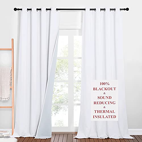 NICETOWN Full Shading Curtains for Windows, Super Heavy-Duty Noise Absorb Lined Blackout Curtains for Bedroom, Privacy Assured Window Treatment for Hotel (White, 2 PCs, 52 inches W x 95 inch