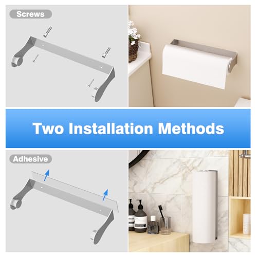 Image of Paper Towel Holder Under Cabinet, Stainless Steel, Adhesive or Screw Mount, Fits Standard & Mega Rolls, Wall Mount Rack for Kitchen, Bathroom, RV, Silver