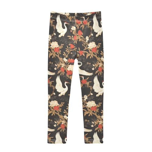 Floral Motives and Cranes Cartoon Kids Girl's Cotton Pants Soft Full Length Sweatpants Sports