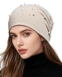 ACECHA Rhinestone and Pearl Beanie for Women - Lightweight Sparkly Slouchy Skull Cap, Fashion Beanies Hats for Spring Fall (US, Alpha, One Size, Apricot)