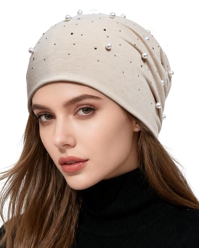 ACECHA Rhinestone and Pearl Beanie for Women - Lightweight Sparkly Slouchy Skull Cap, Fashion Beanies Hats for Spring Fall (US, Alpha, One Size, Apricot)