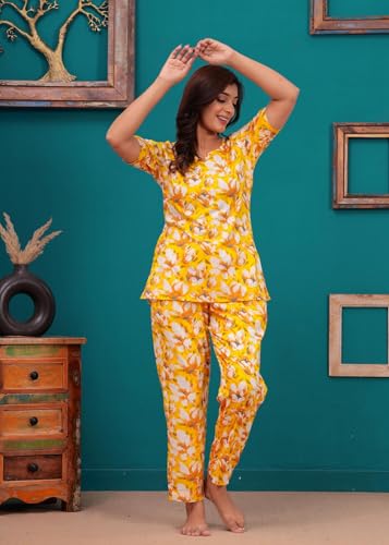 Image of Women Cotton Relaxed Fit Fit and Flare Suit | Printed Night Suit | Half Sleeve Co-Ord Set