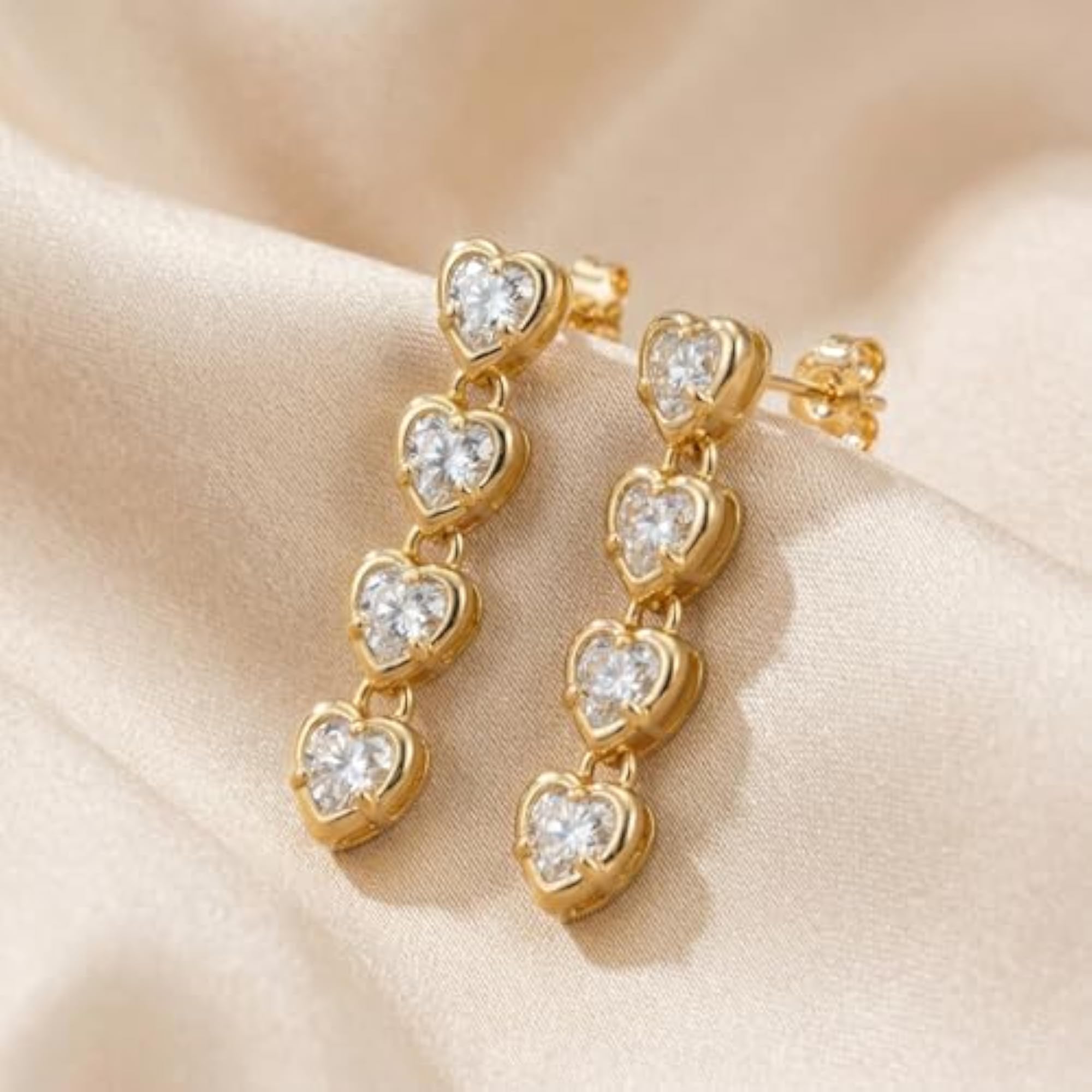 Gold Plated Round Heart Dangle Earrings with White Cubic Zirconia