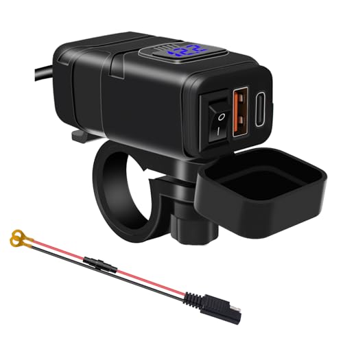ALLWSLucky Cargador USB Motocicleta, 18W QC3.0 30W PD Toma USB Moto Impermeable, Cargador de movil para Moto con Interruptor y Voltímetro LED Indicador para SUV Marino Barcos