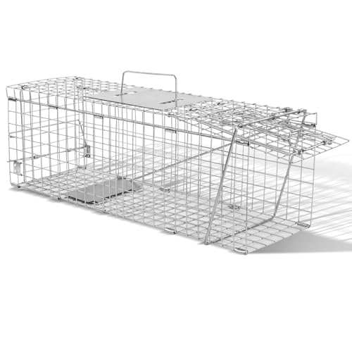 Outopee Live Animal Cage Trap Heavy Duty Folding Raccoon Trap Humane Cat Trap with Handle for Rabbits Stray Cats Squirrels Raccoons Skunk Mole Groundhogs and Opossums 61x19x21cm Silvery