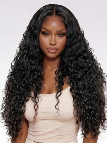 22 Zoll Echthaar Perücke Deep Wave 13X4 Lace Front Human hair Wig 200 Density Deep Curly Glueless HD Transparent Lace Wigs Human Hair For Black Women Pre Plucked Natural Black (56cm)