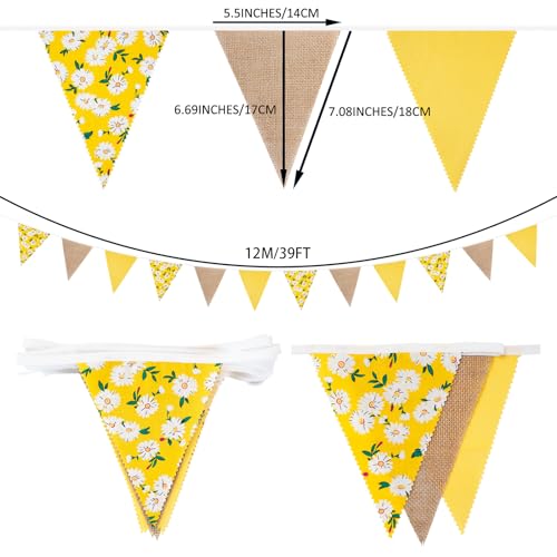 Image of Zwiebeco 39Ft Yellow Daisy Flowers Fabric Pennant Banner Vintage Burlap Triangle Flag Retro Bunting Party Decoration for Birthday Engagement Wedding Bridal Baby Shower Rustic Village Home Garden Decor