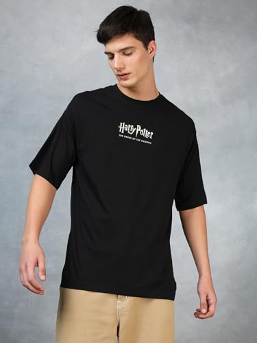 Image of Bewakoof Official Harry Potter Merchandise Men's 100% Cotton 220 GSM Graphic Print Oversized Fit Round Neck T-Shirt