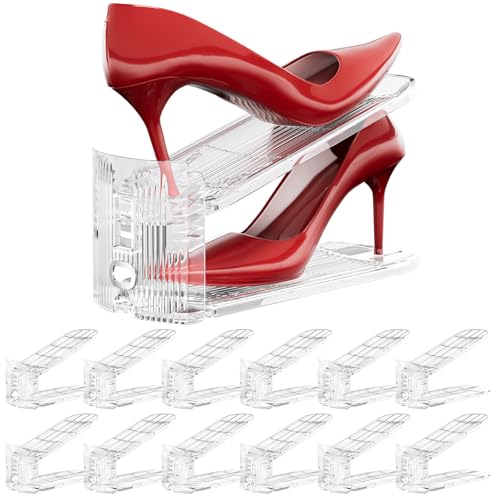 Neprock Shoe Slots Organizer for Closet,12 Pack Acrylic Shoe Stackers for A Pair of Shoes,3 Levels Adjustable Shoe Rack Storage Shoe Space Saver 50%(Clear,12 Pack)