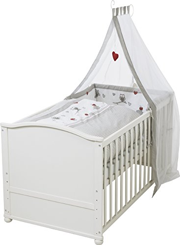 roba Komplettbett Set 'Adam & Eule', Babybett weiß inkl. Bettwäsche, Himmel, Nest, Matratze, Kombi Kinderbett 70x140cm umbaubar zum Junior Bett
