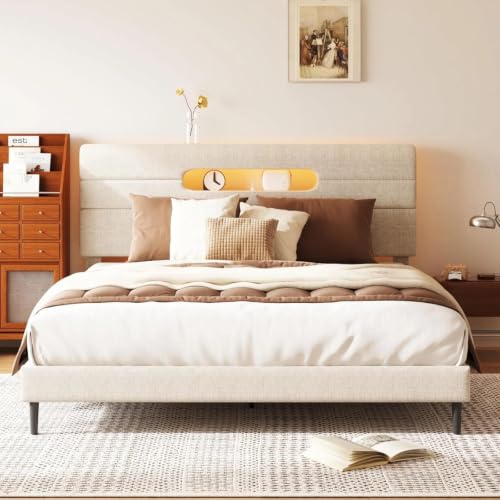 Sismplly Queen Bed Frame with Linen Headboard, LED Light, Beige