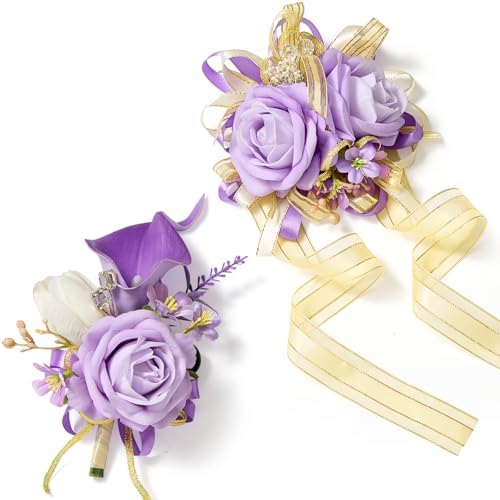 Serwalin Purple Prom Corsage and Boutonniere Set, Artificial Call...